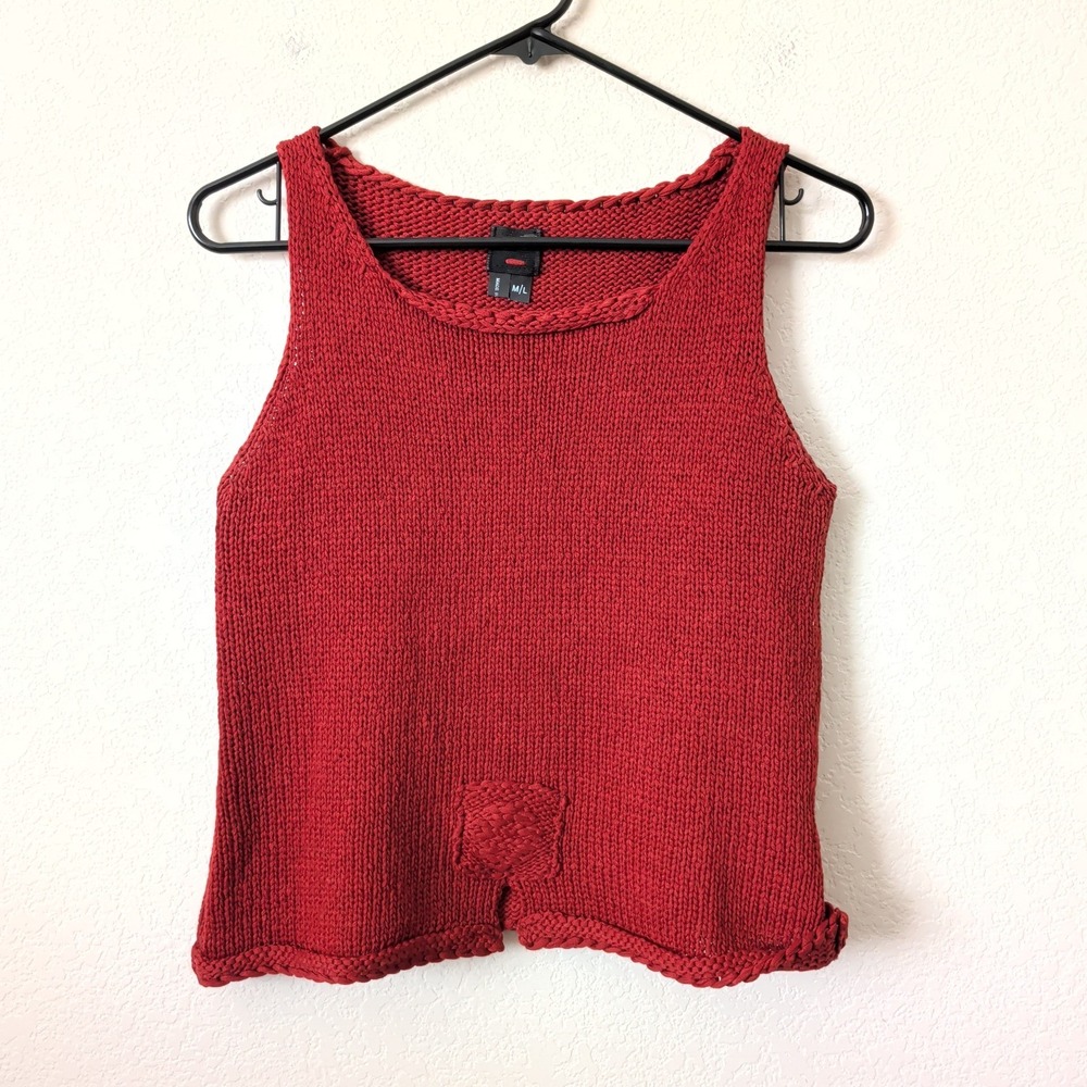 Lagenook Red 100% Wool Knit Top Sleeveless Boho Braided Trim Size M/L Artsy